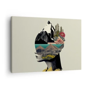 Bild auf Leinwand - Leinwandbild - Collage einer Frau mit Berglandschaft und Blumen - 70x50cm - Frau – bleibt immer ein Geheimnis - Moderne Wanddekoration für Wohnzimmer und Schlafzimmer ARTTOR