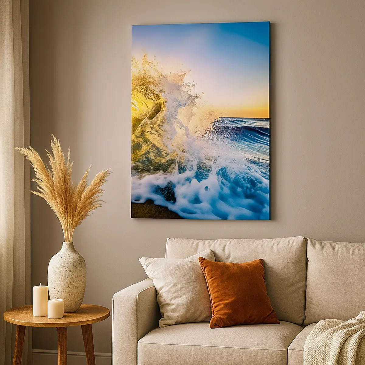 Bild auf Leinwand - Leinwandbild - Eine goldene Welle vor dem Hintergrund der untergehenden Sonne - 50x70cm - Spaß im Sand - Moderne Wanddekoration für Wohnzimmer und Schlafzimmer ARTTOR