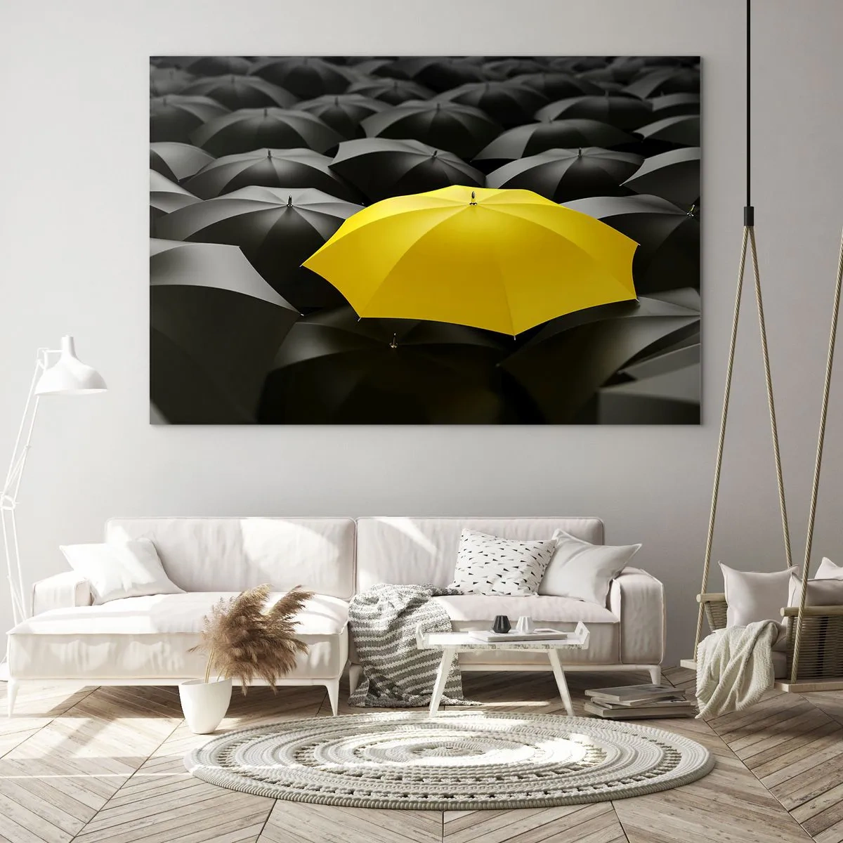 Glasbild - Bild auf glas - Ein gelber Regenschirm, der zwischen den schwarzen hervorsticht - 120x80cm - Auf Wiedersehen Trauer - Moderne Wanddekoration für Wohnzimmer und Schlafzimmer ARTTOR