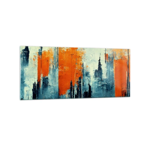 Glasbild - Bild auf glas - Abstrakte Stadtlandschaft in Orange- und Blautönen - 120x50cm - Moderne Landschaft - Moderne Wanddekoration für Wohnzimmer und Schlafzimmer ARTTOR