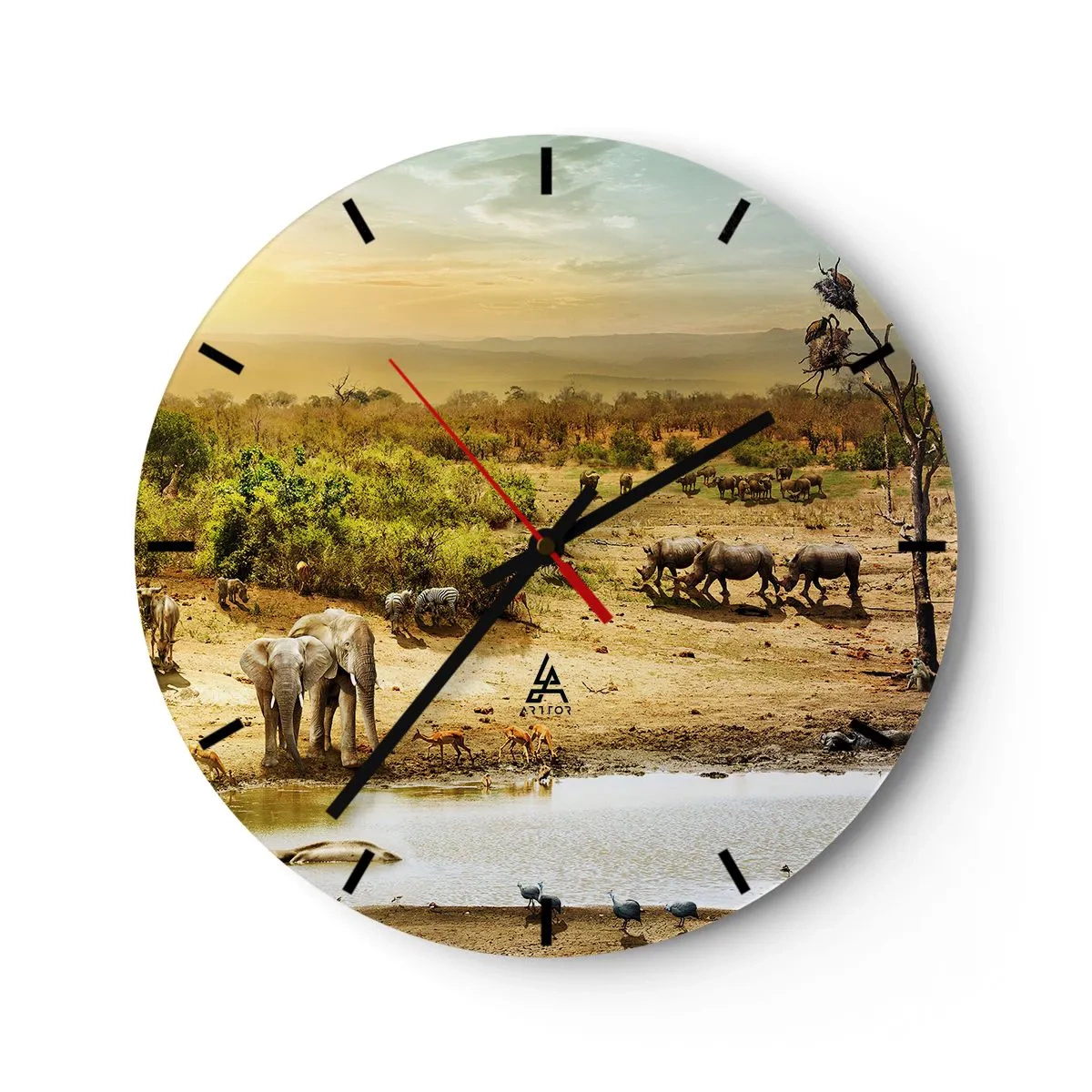 Wanduhr - Glasuhr - Savanne mit wilden Tieren an einer Wasserstelle bei Sonnenuntergang - 30x30cm - Ein Fluss floss aus Eden ... - Moderne Wanddekoration für Wohnzimmer, Küche und Schlafzimmer ARTTOR