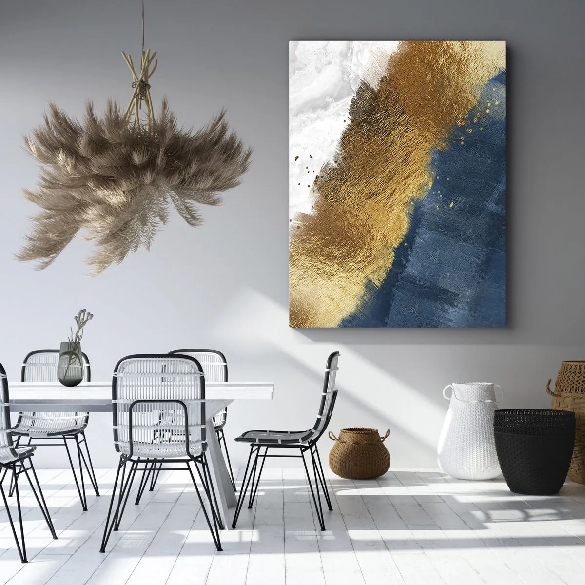 Bild auf Leinwand - Leinwandbild - Eine abstrakte Komposition in Gold-, Blau- und Weißtönen. - 70x100cm - Farben des Sommers - Moderne Wanddekoration für Wohnzimmer und Schlafzimmer ARTTOR