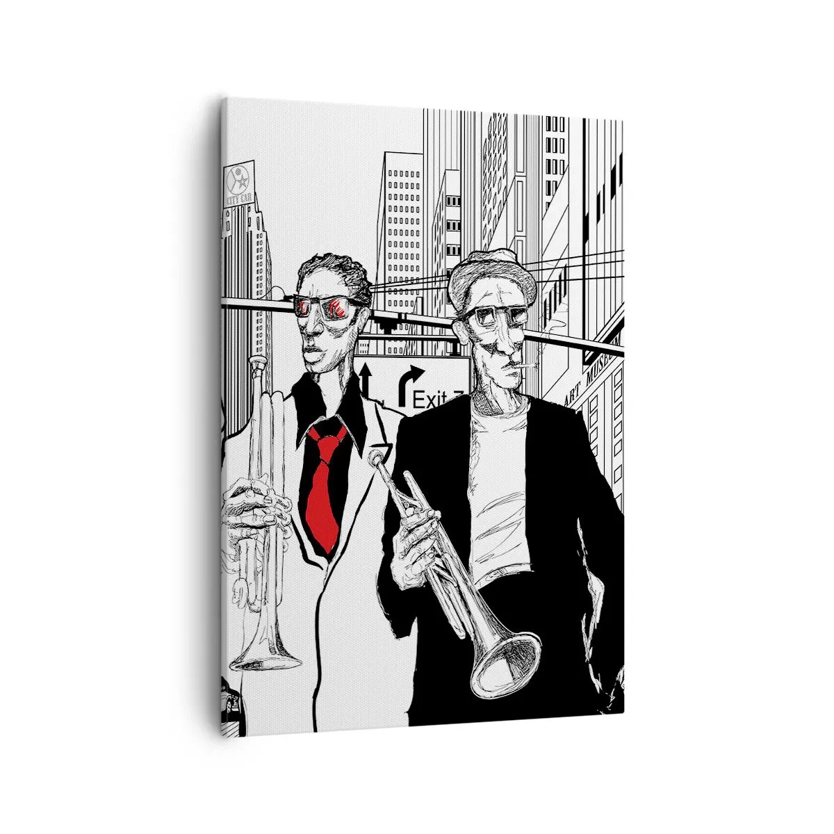Bild auf Leinwand - Leinwandbild - Illustration von Jazzmusikern vor urbaner Kulisse - 50x70cm - Urbane Rhapsodie in Schwarz und Rot - Moderne Wanddekoration für Wohnzimmer und Schlafzimmer ARTTOR