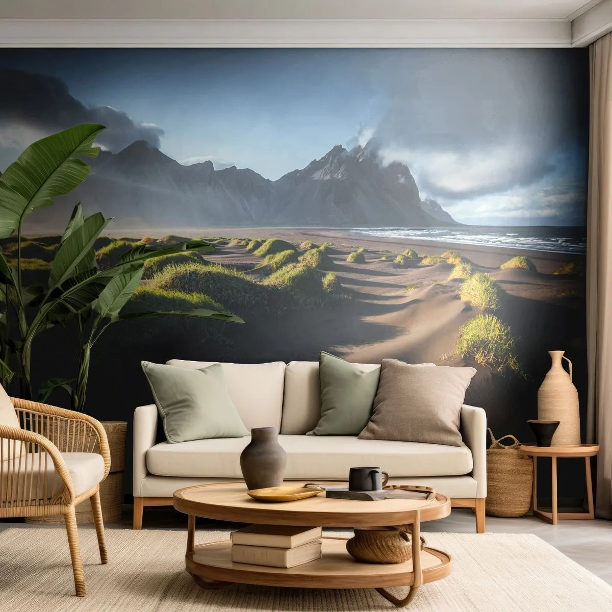 Fototapete Premium Sand - Berglandschaft mit Dünen und grünem Gras - 100x70cm - Harmonie der Elemente - Moderne Wanddekoration für Wohnzimmer und Schlafzimmer ARTTOR