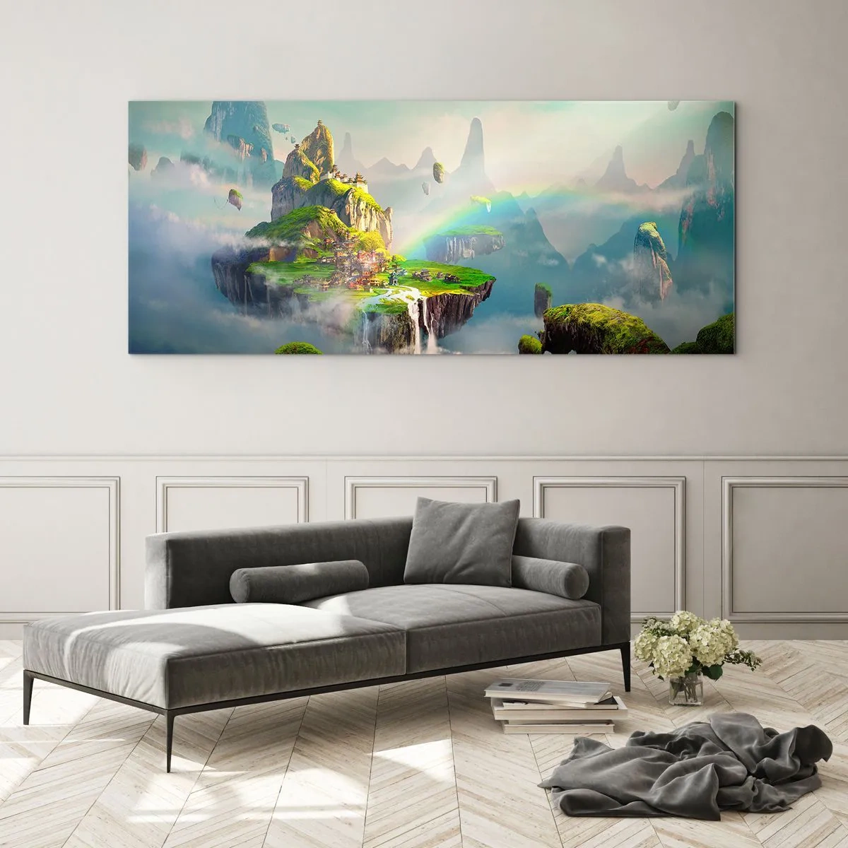Glasbild - Bild auf glas - Fliegende Inseln zwischen den Wolken mit einem Regenbogen am Horizont - 160x50cm - Mitten am Himmel - glückliche Inseln - Moderne Wanddekoration für Wohnzimmer und Schlafzimmer ARTTOR