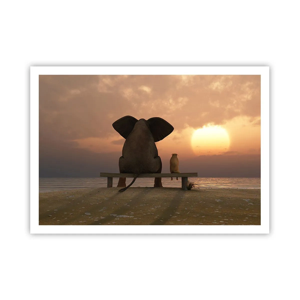 Poster - Ein Elefant und ein Hund sitzen während des Sonnenuntergangs auf einer Bank am Strand. - 100x70cm - Es tut gut zusammen zu schweigen - Moderne Wanddekoration für Wohnzimmer und Schlafzimmer ARTTOR