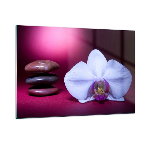 Glasbild - Bild auf glas - Weiße Orchidee und Steine vor einem Hintergrund aus violettem Licht - 120x80cm - Eine Studie der Frische in Lila - Moderne Wanddekoration für Wohnzimmer und Schlafzimmer ARTTOR
