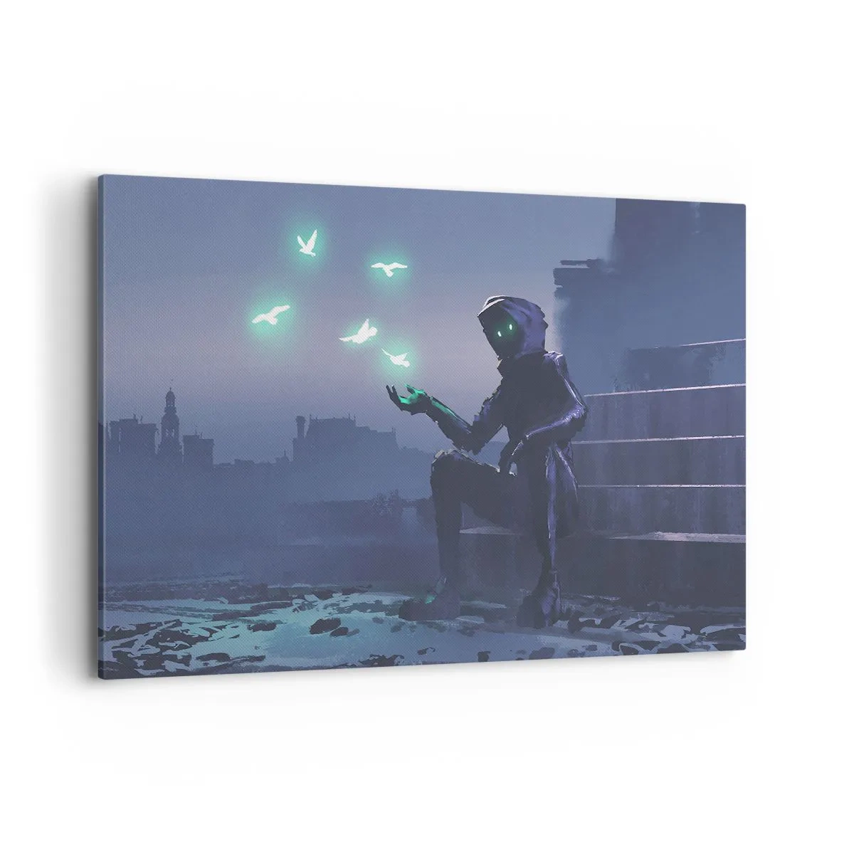 Bild auf Leinwand - Leinwandbild - Eine vermummte Figur mit magischen Vögeln im Hintergrund einer Stadt - 120x80cm - Das Leben wird zurückkommen - Moderne Wanddekoration für Wohnzimmer und Schlafzimmer ARTTOR