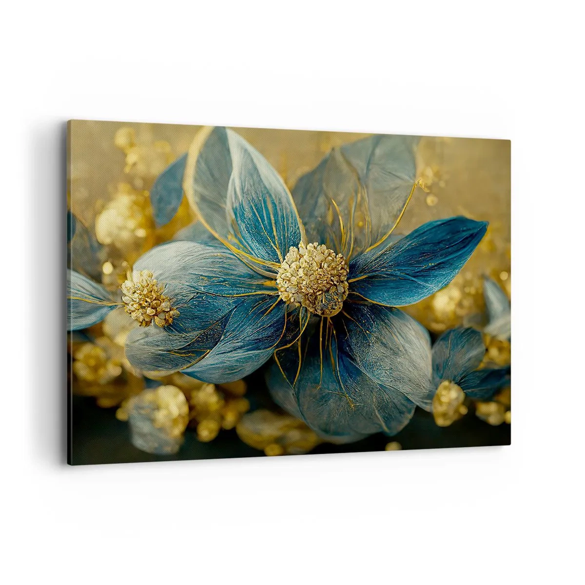 Bild auf Leinwand - Leinwandbild - Elegante Blumen in Blau- und Goldtönen - 100x70cm - Mit Gold blühen - Moderne Wanddekoration für Wohnzimmer und Schlafzimmer ARTTOR