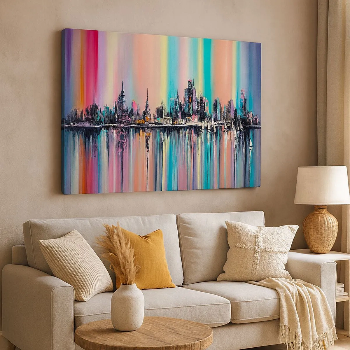 Bild auf Leinwand - Leinwandbild - Buntes Stadtbild mit Spiegelung auf dem Wasser - 70x50cm - Um das Licht der Nacht herunterzufallen - Moderne Wanddekoration für Wohnzimmer und Schlafzimmer ARTTOR
