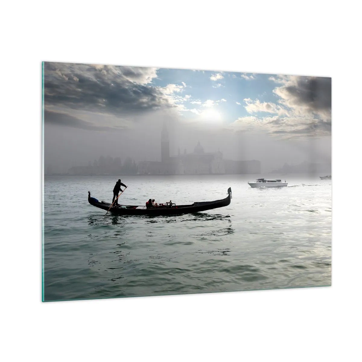 Glasbild - Bild auf glas - Gondel auf den Gewässern von Venedig an einem nebligen Morgen - 100x70cm - Eine fabelhafte Stadt aus Wasser und Nebel - Moderne Wanddekoration für Wohnzimmer und Schlafzimmer ARTTOR