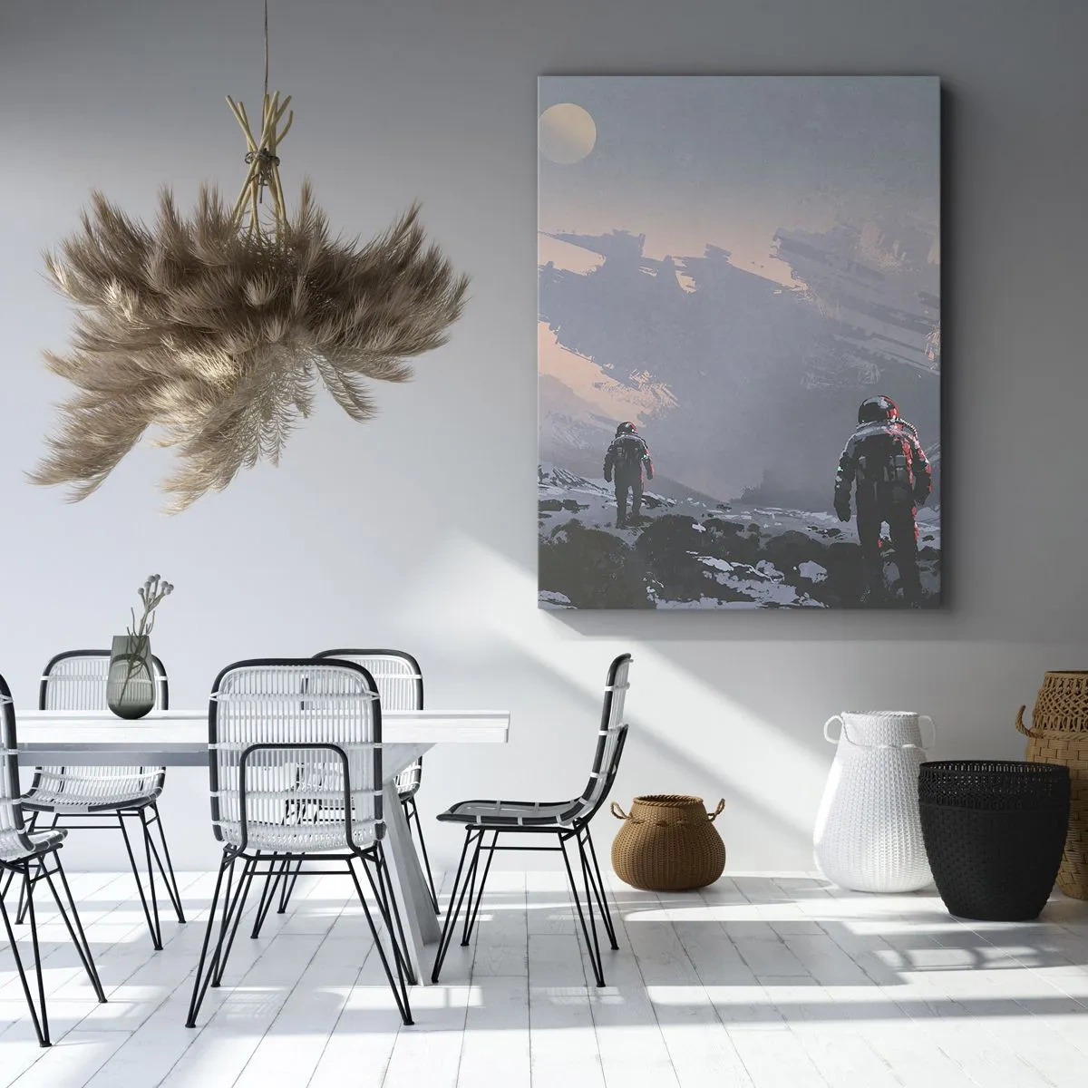 Bild auf Leinwand - Leinwandbild - Astronauten auf einem fremden Planeten mit einem Raumschiffwrack - 70x100cm - Unter einem unbekannten Stern - Moderne Wanddekoration für Wohnzimmer und Schlafzimmer ARTTOR