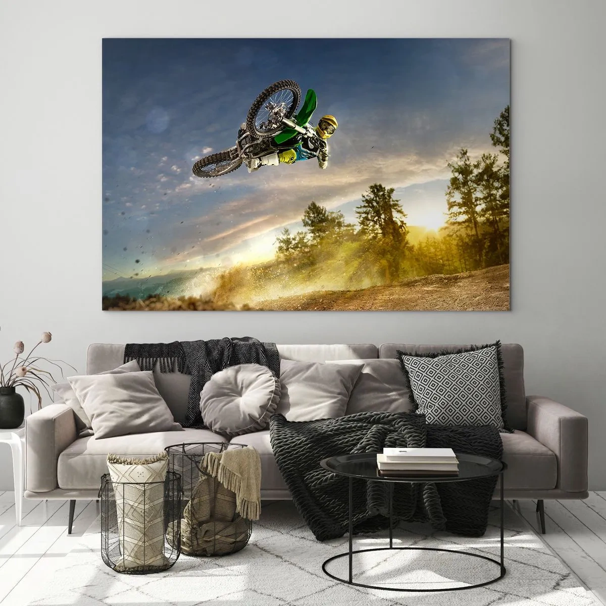 Glasbild - Bild auf glas - Ein Motorradfahrer in Aktion vor der Kulisse der untergehenden Sonne - 70x50cm - Schalten Sie Emotionen ein! - Moderne Wanddekoration für Wohnzimmer und Schlafzimmer ARTTOR