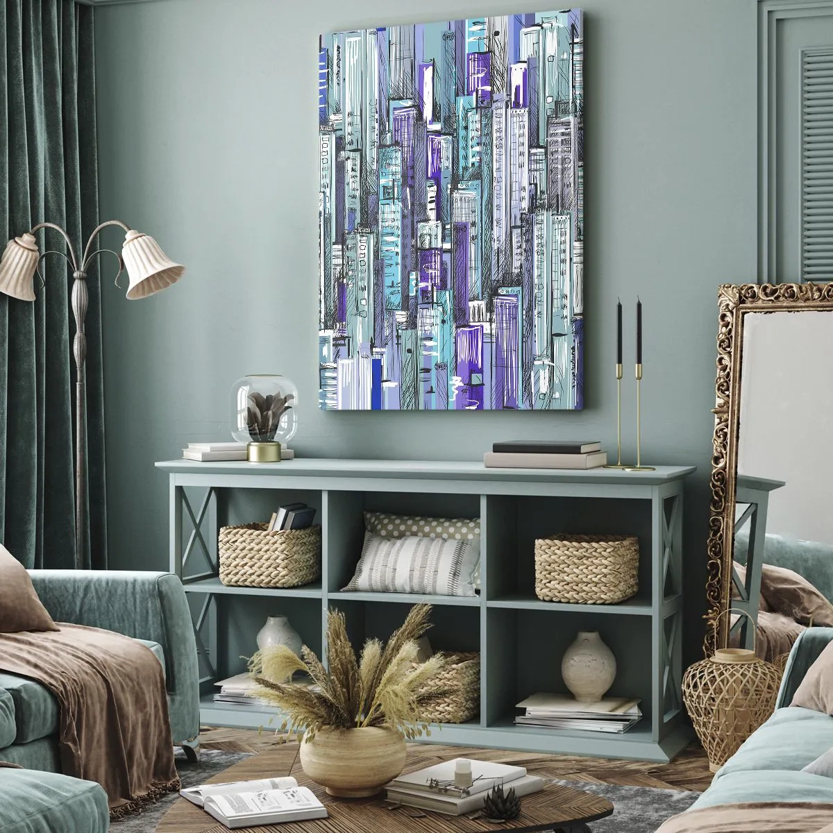 Bild auf Leinwand - Leinwandbild - Illustration einer Stadt mit geometrischen Gebäuden in Blau- und Lilatönen. - 50x70cm - Bläulich von dem Himmel - Moderne Wanddekoration für Wohnzimmer und Schlafzimmer ARTTOR