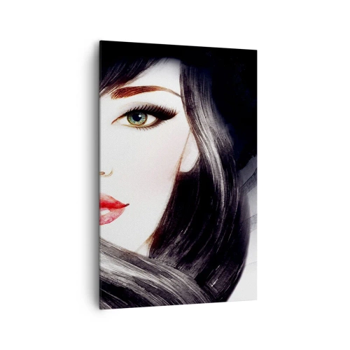 Bild auf Leinwand - Leinwandbild - Porträt einer Frau mit ausdrucksstarkem Blick und roten Lippen - 80x120cm - Saphir-Optik - Moderne Wanddekoration für Wohnzimmer und Schlafzimmer ARTTOR