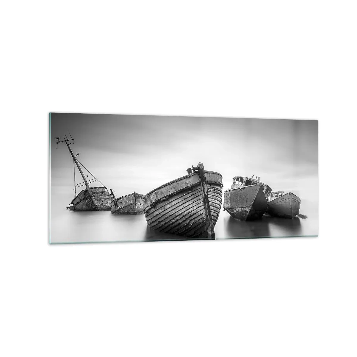 Glasbild - Bild auf glas - Verlassene Boote auf ruhigem Wasser - 120x50cm - Nur Erinnerungen ... - Moderne Wanddekoration für Wohnzimmer und Schlafzimmer ARTTOR