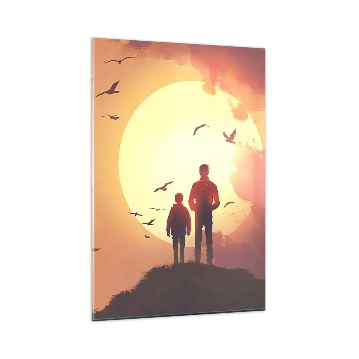 Glasbild - Bild auf glas - Figuren vor dem Hintergrund der untergehenden Sonne - 80x120cm - Von Angesicht zu Angesicht mit der Sonne - Moderne Wanddekoration für Wohnzimmer und Schlafzimmer ARTTOR