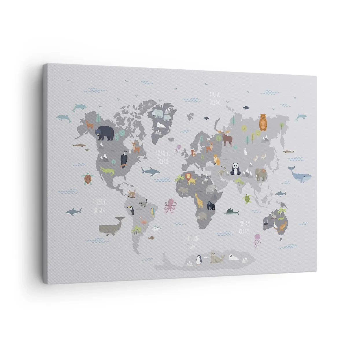 Bild auf Leinwand - Leinwandbild - Eine Weltkarte mit Tierillustrationen auf grauem Hintergrund - 70x50cm - Sag mir wo du herkommst ... - Moderne Wanddekoration für Wohnzimmer und Schlafzimmer ARTTOR