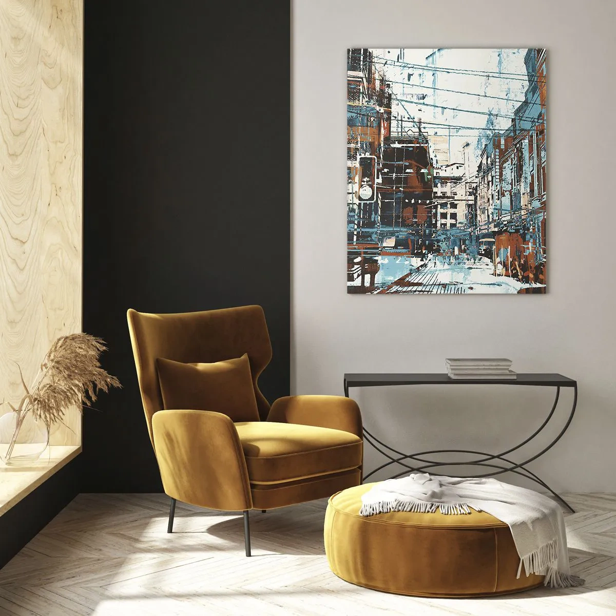 Glasbild - Bild auf glas - Eine Stadtlandschaft in Blau- und Orangetönen - 80x120cm - Ein abgenutzter Stadtwanderweg - Moderne Wanddekoration für Wohnzimmer und Schlafzimmer ARTTOR