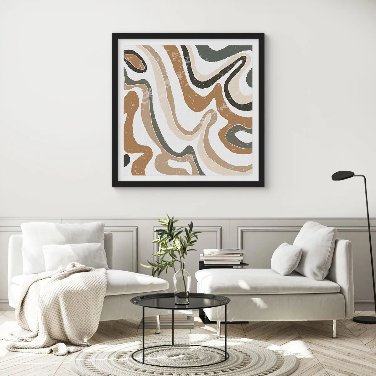 Poster in einem schwarzem Rahmen - Mäander in Erdfarben - 30x30 cm