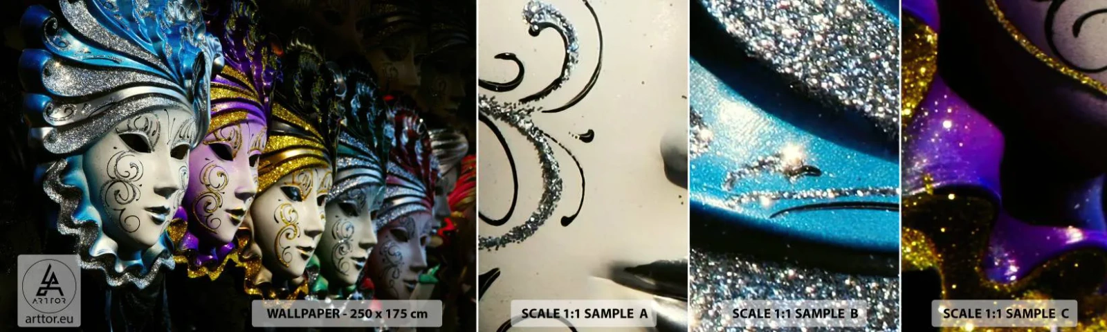 Fototapetenmuster Standard Eco - Geheimnis in Gold und Silber - Venezianische Maske, Venedig, Karneval - 100x30 cm