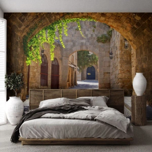 Fototapete Premium Canvas - Steinbögen und gepflasterte Straßen im mittelalterlichen Stil - 100x70cm - Die Prozession wird bald erscheinen - Moderne Wanddekoration für Wohnzimmer und Schlafzimmer ARTTOR