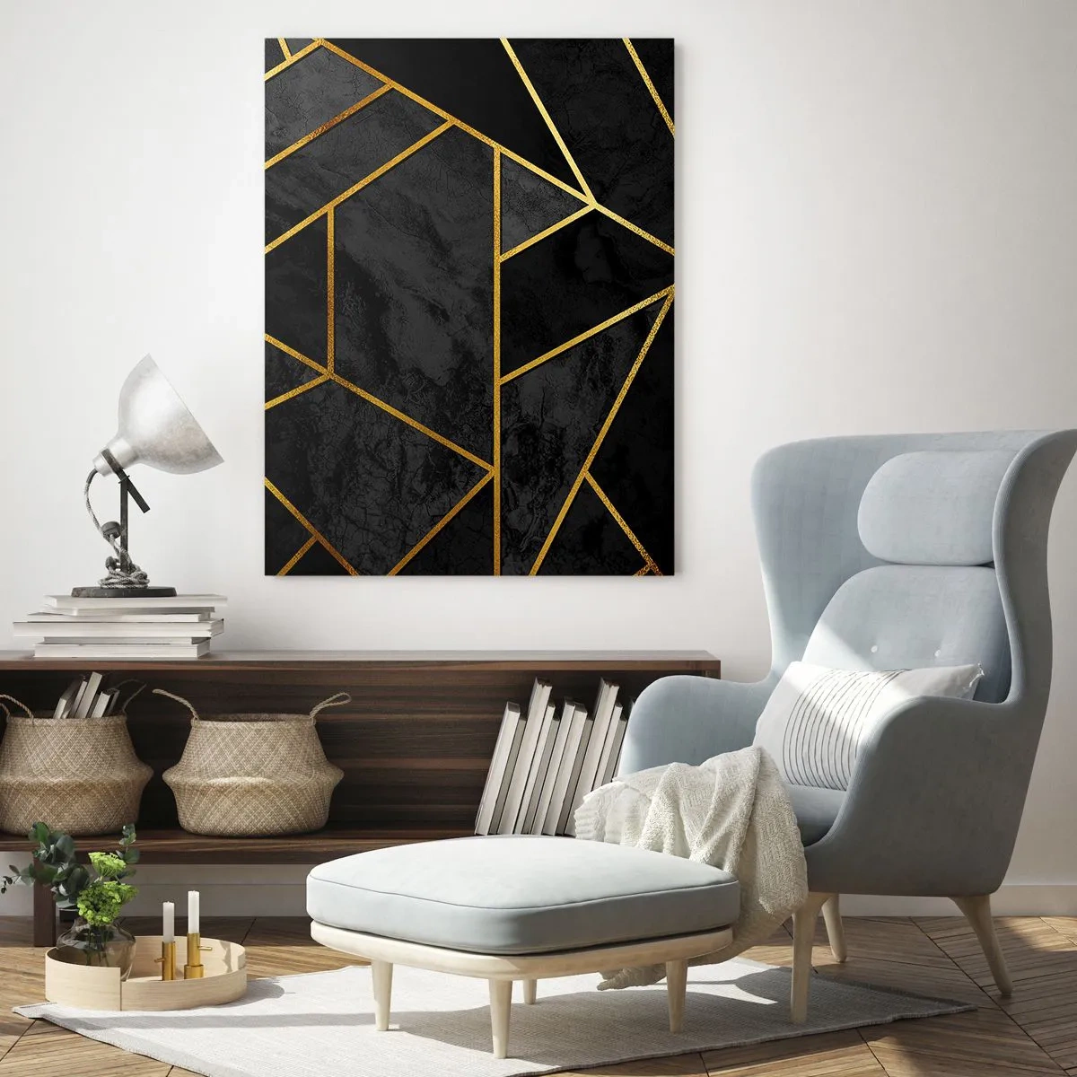 Glasbild - Bild auf glas - Geometrisches Goldmuster auf schwarzem Hintergrund - 80x120cm - Dunkelheit und Glanz - Moderne Wanddekoration für Wohnzimmer und Schlafzimmer ARTTOR
