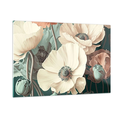 Glasbild - Bild auf glas - Zarte Creme und Lachs Mohn auf dunklem Hintergrund - 120x80cm - Flüstern von Mohnblumen - Moderne Wanddekoration für Wohnzimmer und Schlafzimmer ARTTOR