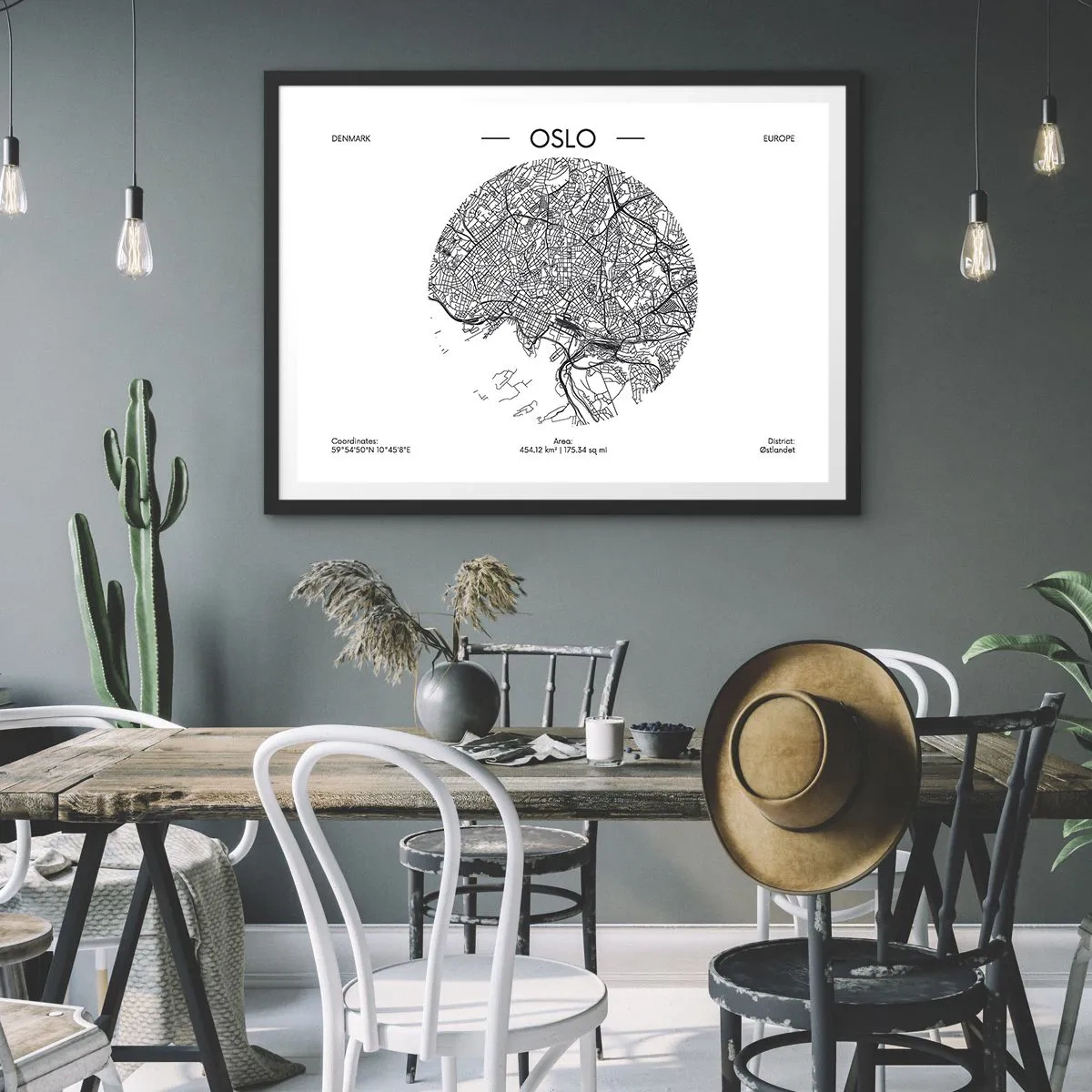 Poster in einem schwarzem Rahmen - Eine Karte von Oslo im minimalistischen Schwarz-Weiß-Stil. - 70x50cm - Anatomie von Oslo - Moderne Wanddekoration für Wohnzimmer und Schlafzimmer ARTTOR