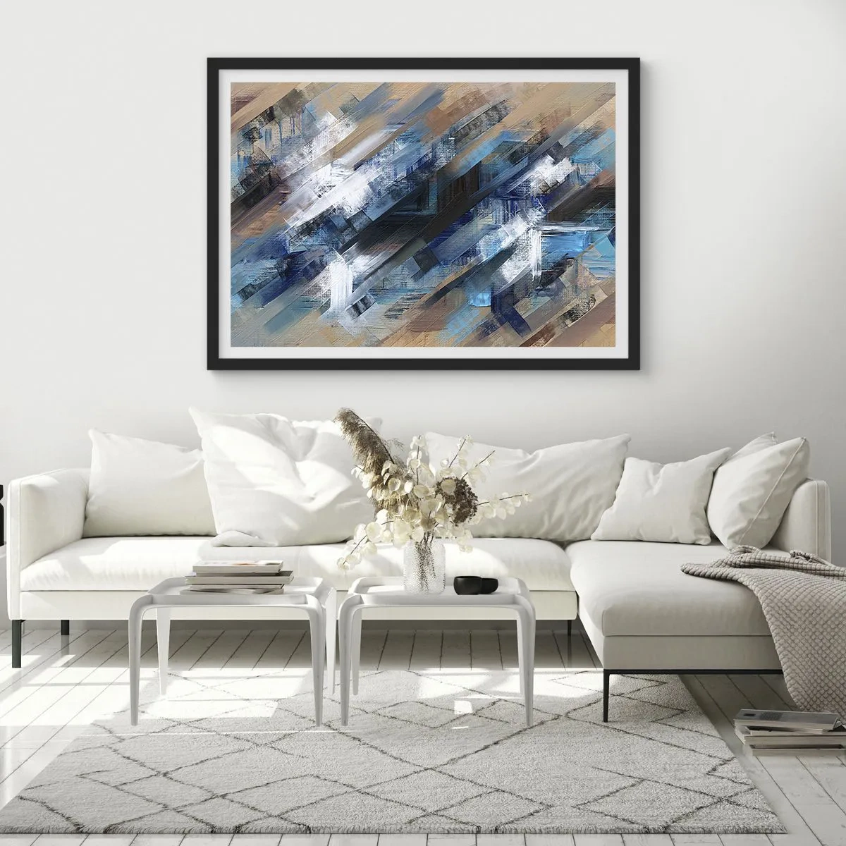 Poster in einem schwarzem Rahmen - Abstrakte Komposition mit blauen diagonalen Linien - 100x70cm - Auf einer blauen Diagonale - Moderne Wanddekoration für Wohnzimmer und Schlafzimmer ARTTOR