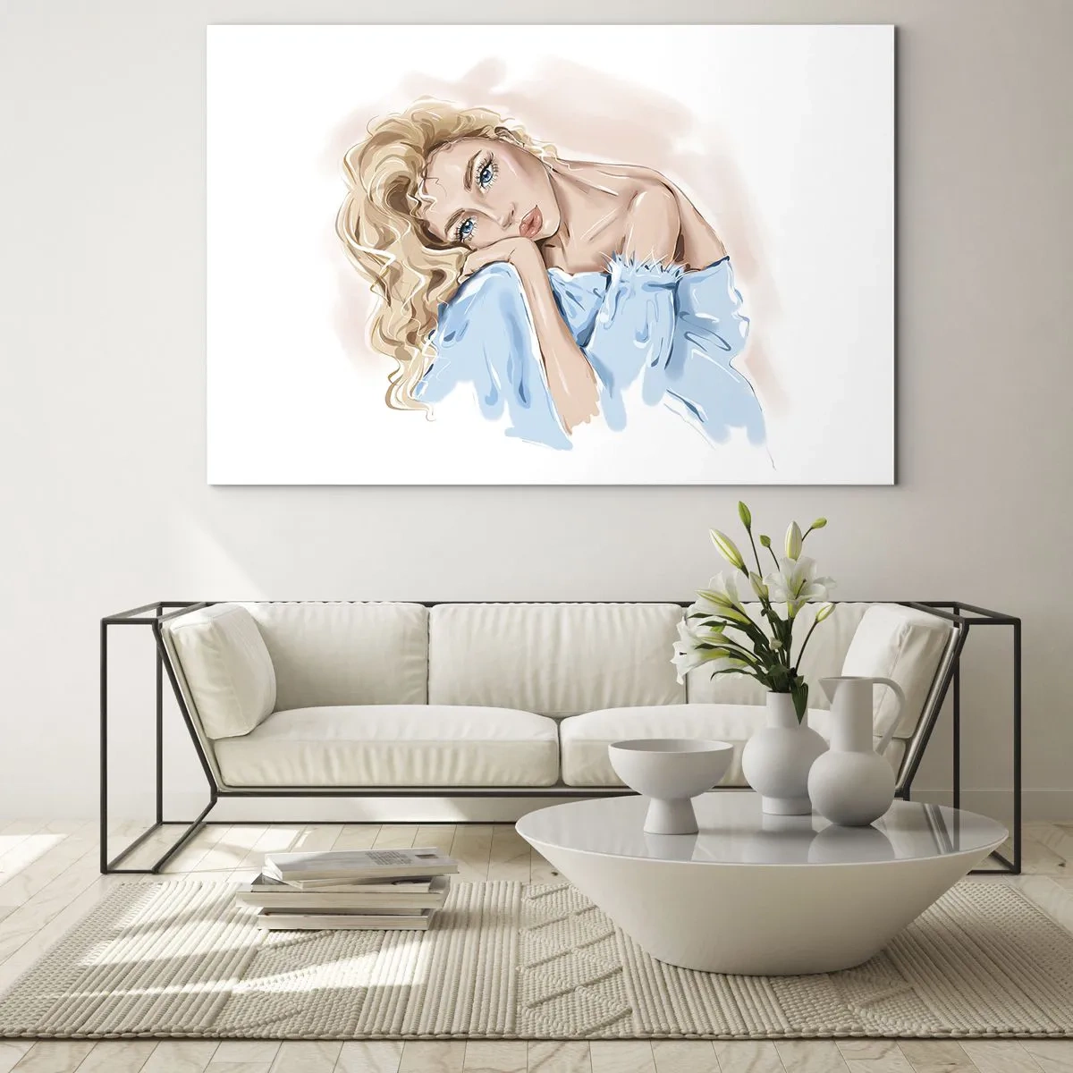 Glasbild - Bild auf glas - Porträt einer Blondine im blauen Kleid mit nachdenklichem Blick - 120x80cm - Verträumt im Blau - Moderne Wanddekoration für Wohnzimmer und Schlafzimmer ARTTOR