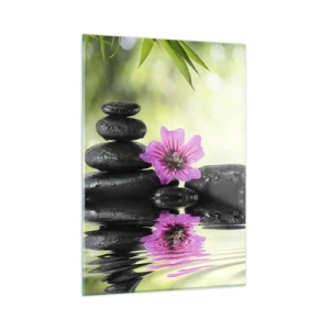 Glasbild - Bild auf glas - Schwarze Steine und eine rosa Blume vor dem Hintergrund der Natur - 50x70cm - Zeit für die Seele - Moderne Wanddekoration für Wohnzimmer und Schlafzimmer ARTTOR