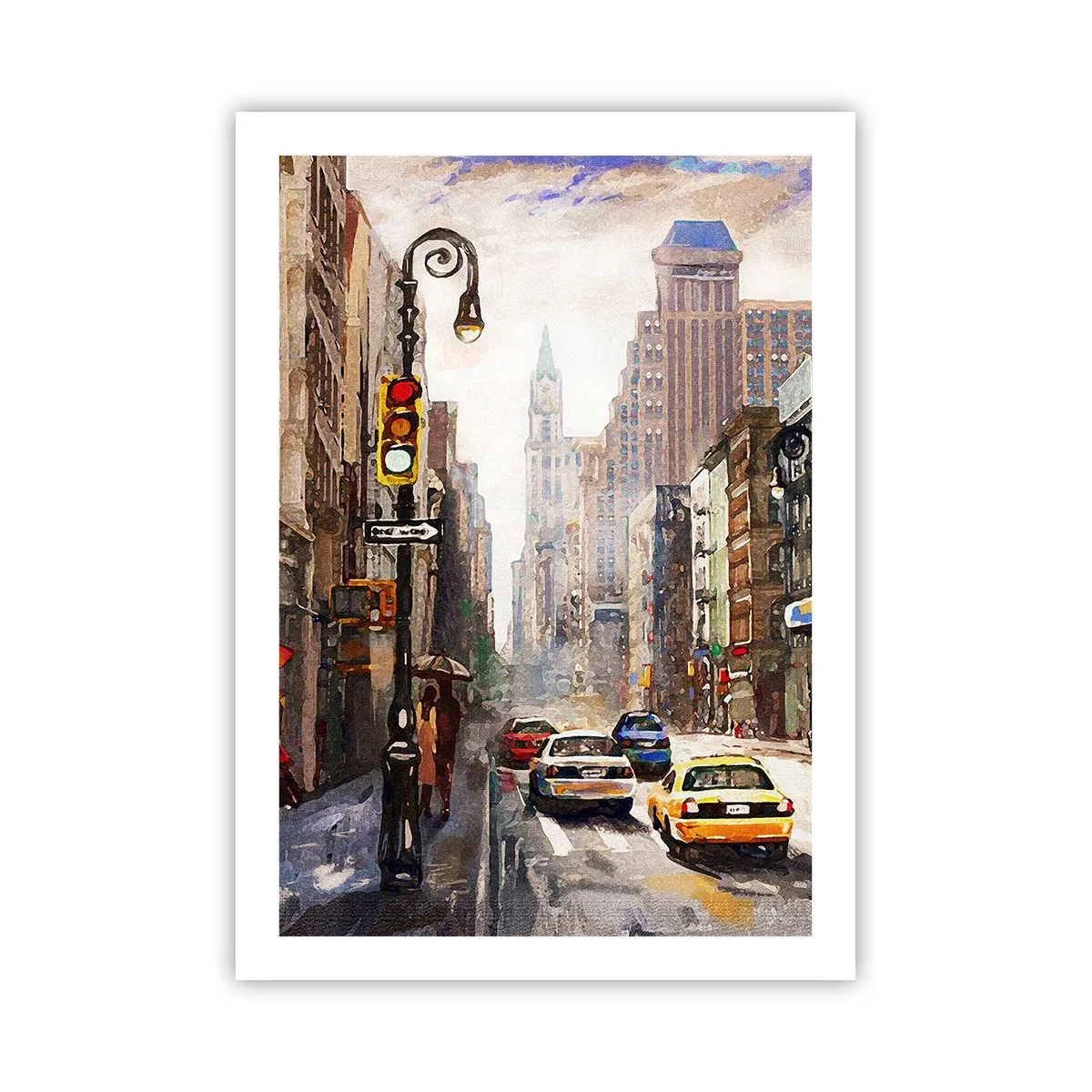 Poster - Stadtstraße mit Autos und Ampeln - 50x70cm - New York - auch im Regen bunt - Moderne Wanddekoration für Wohnzimmer und Schlafzimmer ARTTOR