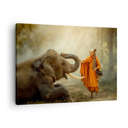 Bild auf Leinwand - Leinwandbild - Ein Mönch und ein Elefant in Harmonie vor der Kulisse der Natur - 70x50cm - Treffen unterwegs - Moderne Wanddekoration für Wohnzimmer und Schlafzimmer ARTTOR