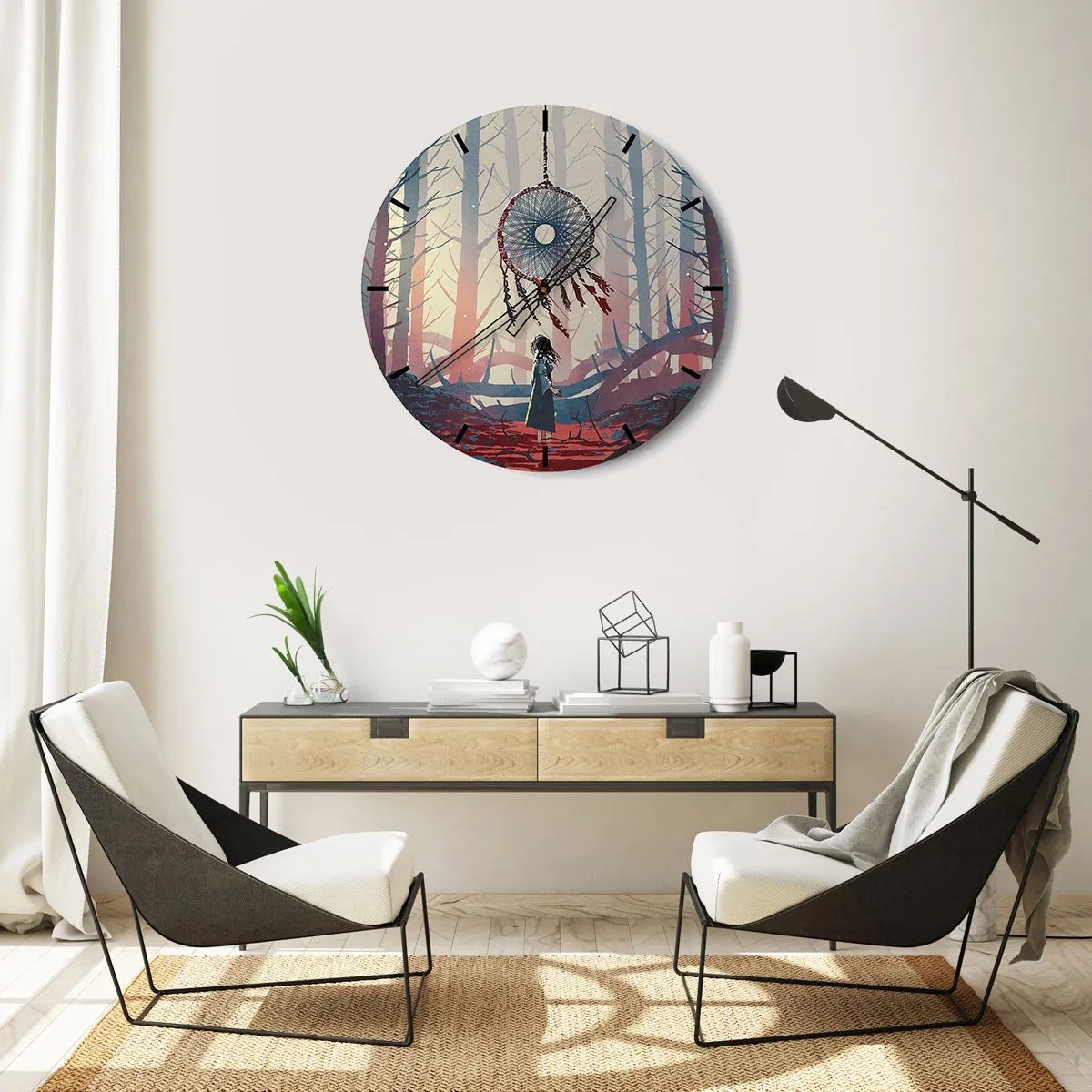 Wanduhr - Glasuhr - Eine Gestalt im Wald betrachtet einen Traumfänger in einem geheimnisvollen Licht. - 30x30cm - Geheimes Glücksritual - Moderne Wanddekoration für Wohnzimmer, Küche und Schlafzimmer ARTTOR