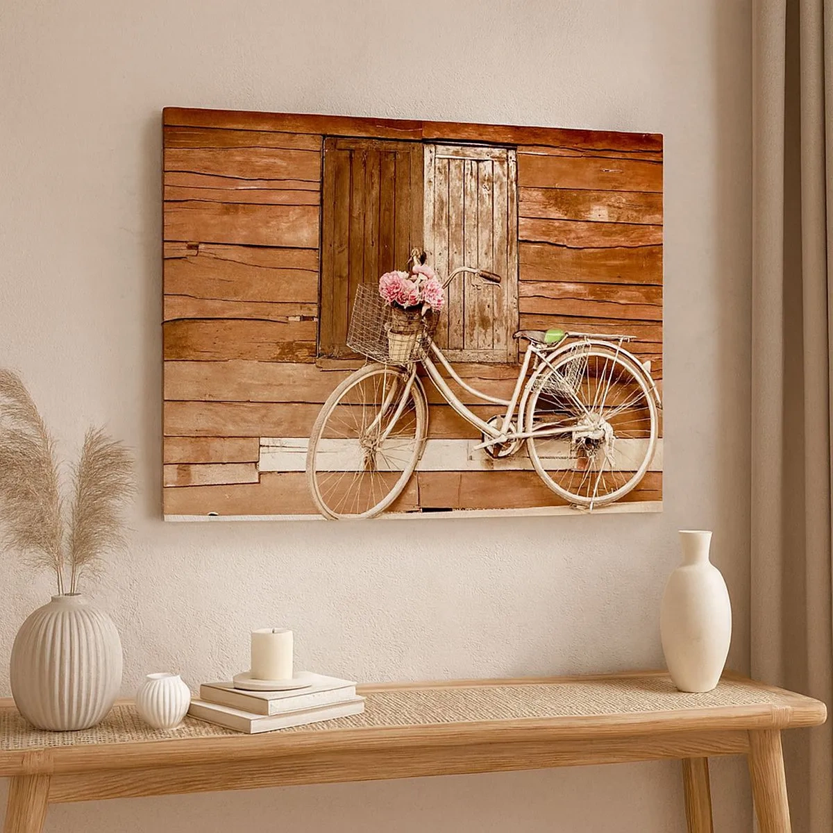 Bild auf Leinwand - Leinwandbild - Ein Fahrrad mit einem Korb voller Rosen vor einer Holzwand - 70x50cm - Ich komme gleich wieder - Moderne Wanddekoration für Wohnzimmer und Schlafzimmer ARTTOR