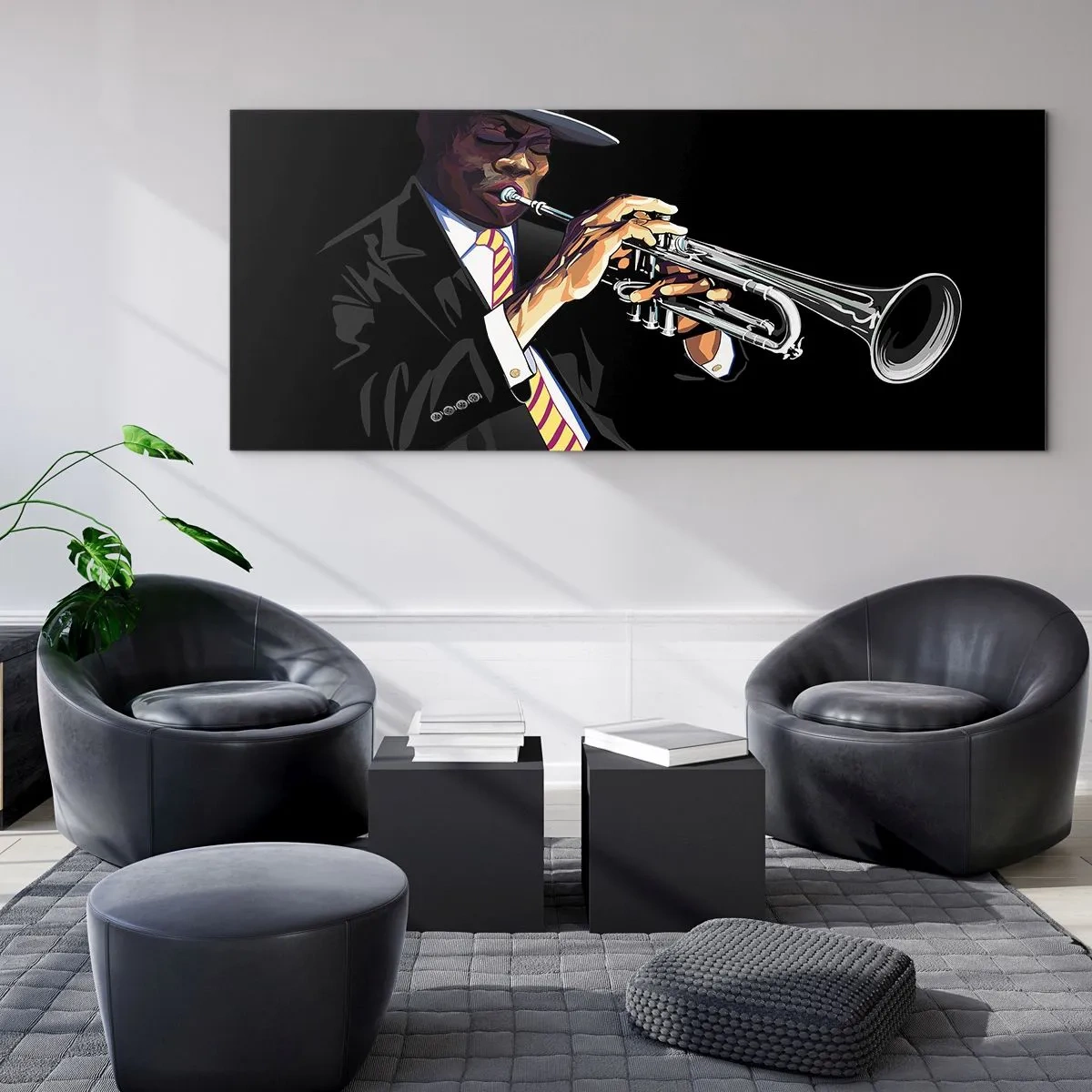 Glasbild - Bild auf glas - Ein Musiker spielt Trompete vor schwarzem Hintergrund - 160x50cm - Charme der alten Schule - Moderne Wanddekoration für Wohnzimmer und Schlafzimmer ARTTOR