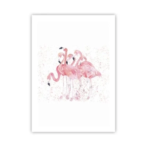 Poster - Eine Gruppe rosa Flamingos auf weißem Hintergrund - 50x70cm - Rosa Ensemble - Moderne Wanddekoration für Wohnzimmer und Schlafzimmer ARTTOR