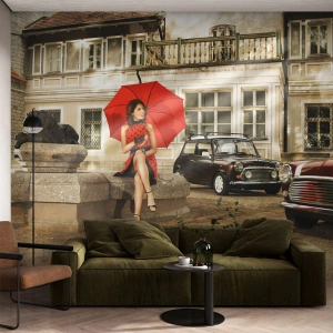 Fototapete Premium Canvas - Eine sentimentale Minireise - Frau, Die Architektur, Auto - 300x210 cm