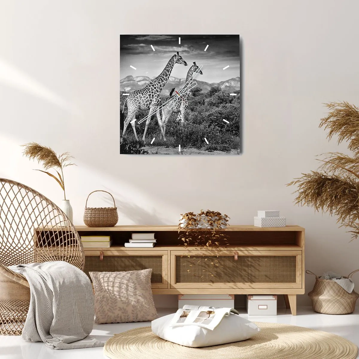 Wanduhr - Glasuhr - Schwarz-weiße Silhouetten zweier Giraffen in der Savanne - 30x30cm - Hohe Sphären in Afrika - Moderne Wanddekoration für Wohnzimmer und Schlafzimmer ARTTOR