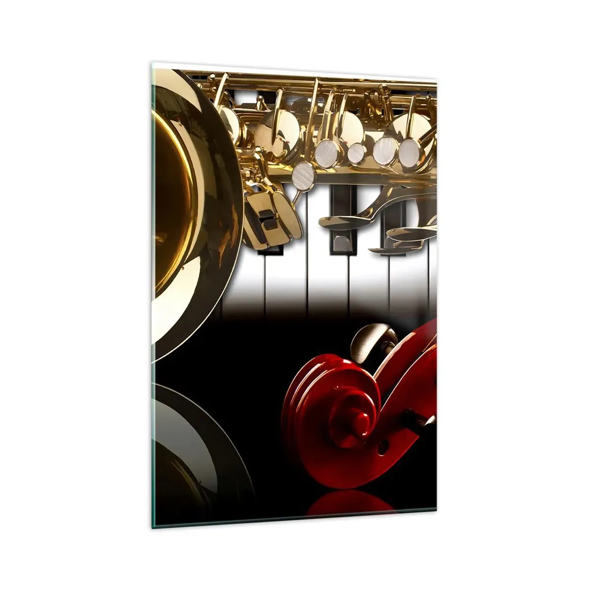 Glasbild - Bild auf glas - Ein goldenes Saxophon, Klaviertasten und eine rote Geige - 80x120cm - Blech, Holz und Elfenbein - Moderne Wanddekoration für Wohnzimmer und Schlafzimmer ARTTOR