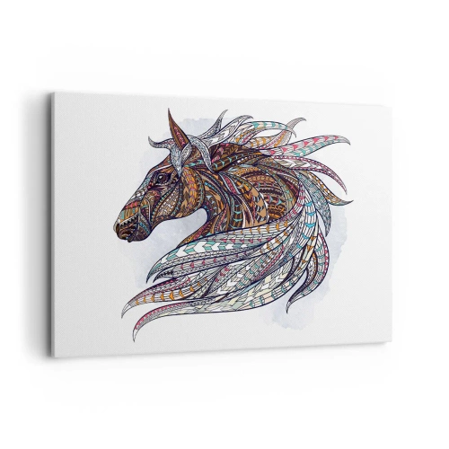 Bild auf Leinwand - Leinwandbild - Ein geometrisches Pferd mit einer farbenfrohen, detaillierten Mähne - 100x70cm - Keltisches Kriegsross - Moderne Wanddekoration für Wohnzimmer und Schlafzimmer ARTTOR
