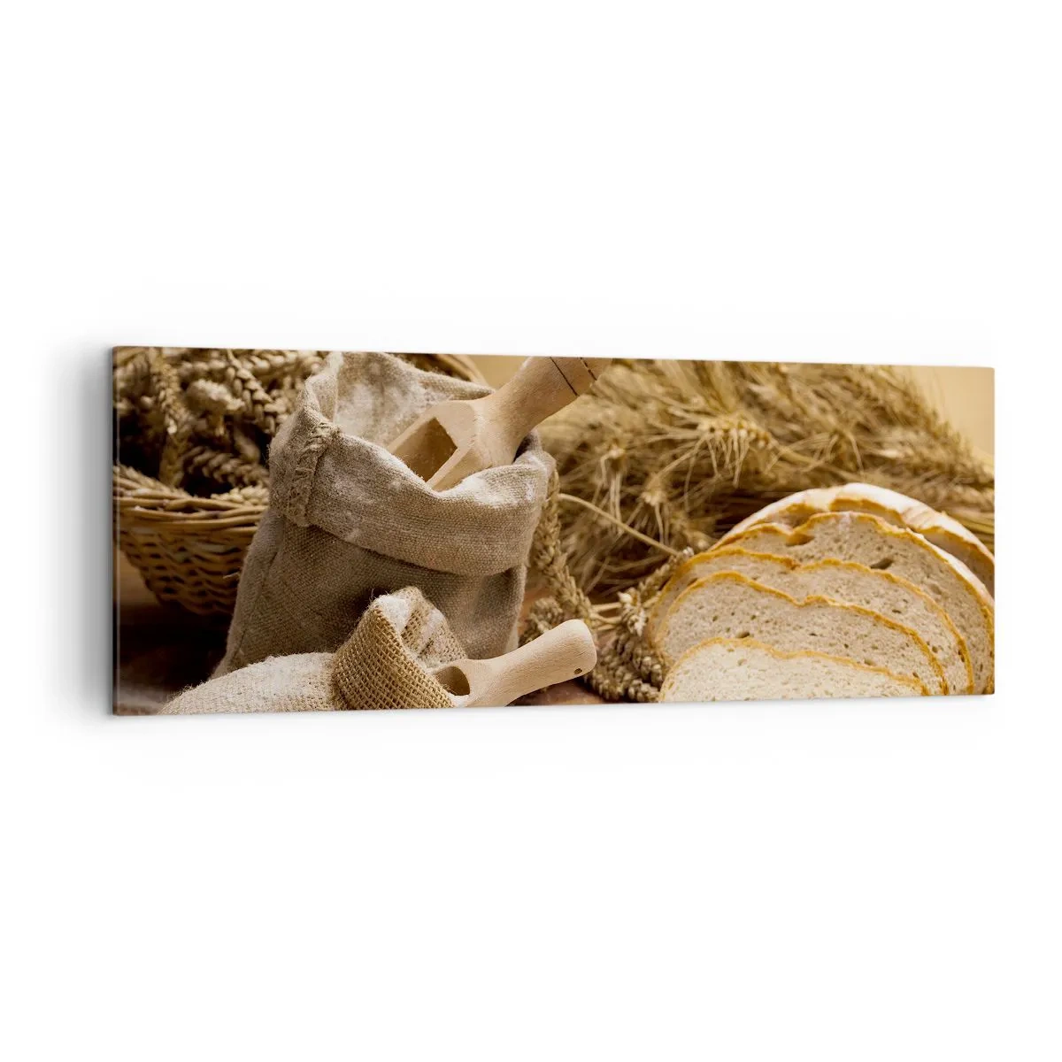 Bild auf Leinwand - Leinwandbild - Eine Landschaft mit Brot, Mehl und Ähren im rustikalen Stil. - 140x50cm - Wie mit einem Messer geschnitten - Moderne Wanddekoration für Wohnzimmer und Schlafzimmer ARTTOR