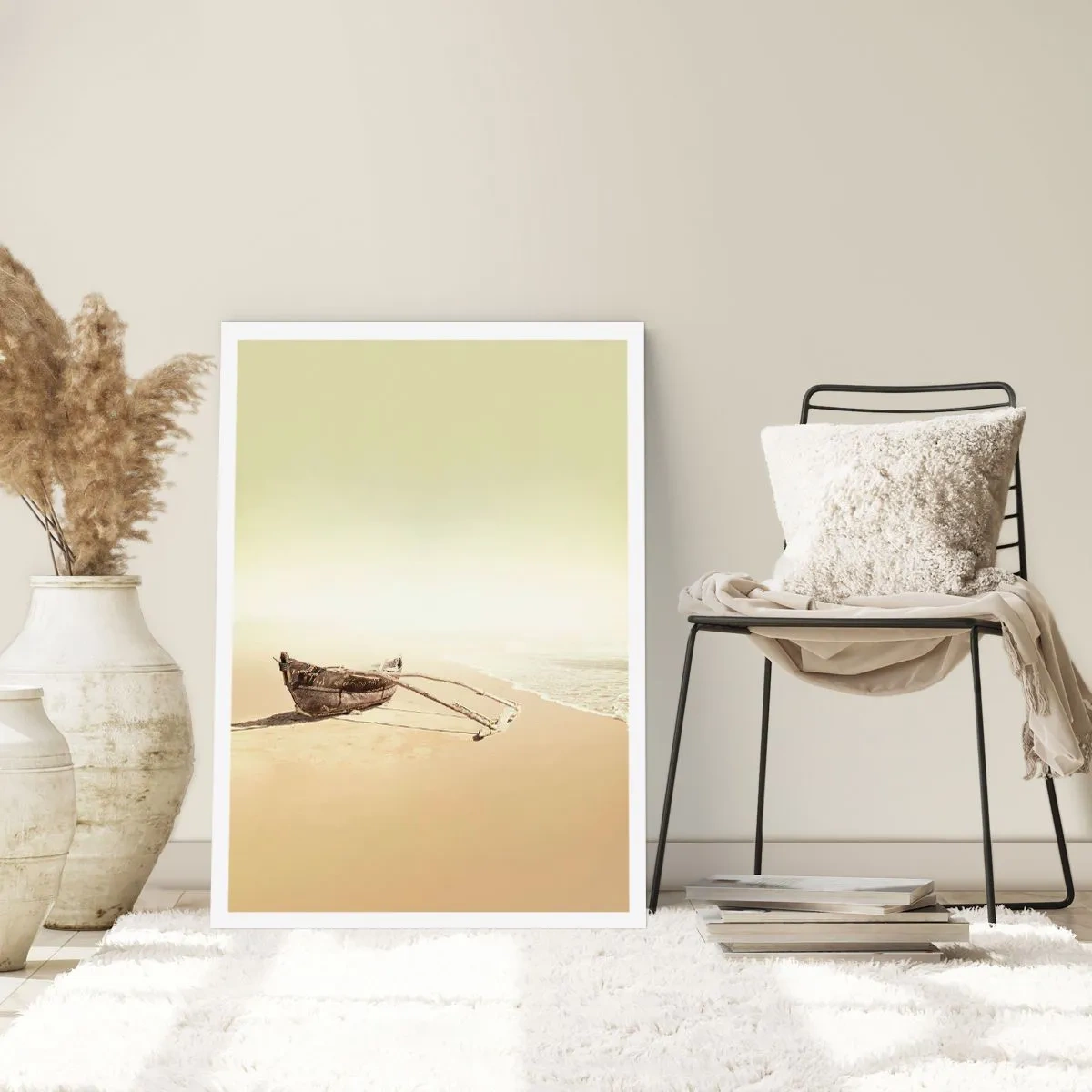 Poster - Ein einsames Holzboot an einem leeren Strand in Pastellfarben. - 50x70cm - Erinnerung an die Südsee - Moderne Wanddekoration für Wohnzimmer und Schlafzimmer ARTTOR