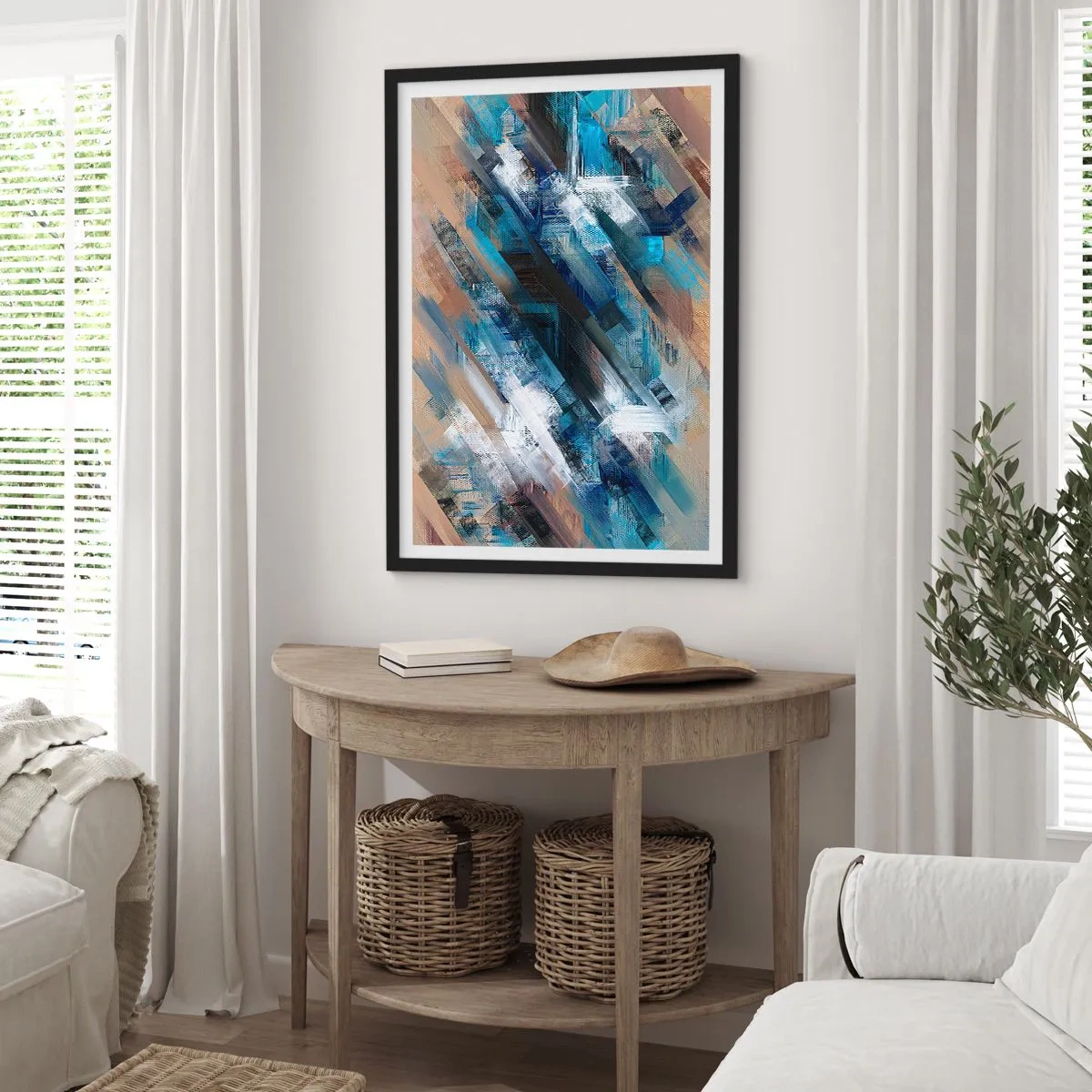 Poster in einem schwarzem Rahmen - Eine abstrakte Komposition mit diagonalen Linien in Blautönen. - 50x70cm - Auf einer blauen Diagonale - Moderne Wanddekoration für Wohnzimmer und Schlafzimmer ARTTOR