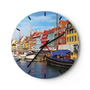 Wanduhr - Glasuhr - Bunte Häuser und Boote im Hafen an einem sonnigen Tag - 30x30cm - Fröhlicher Kai - Moderne Wanddekoration für Wohnzimmer, Küche und Schlafzimmer ARTTOR