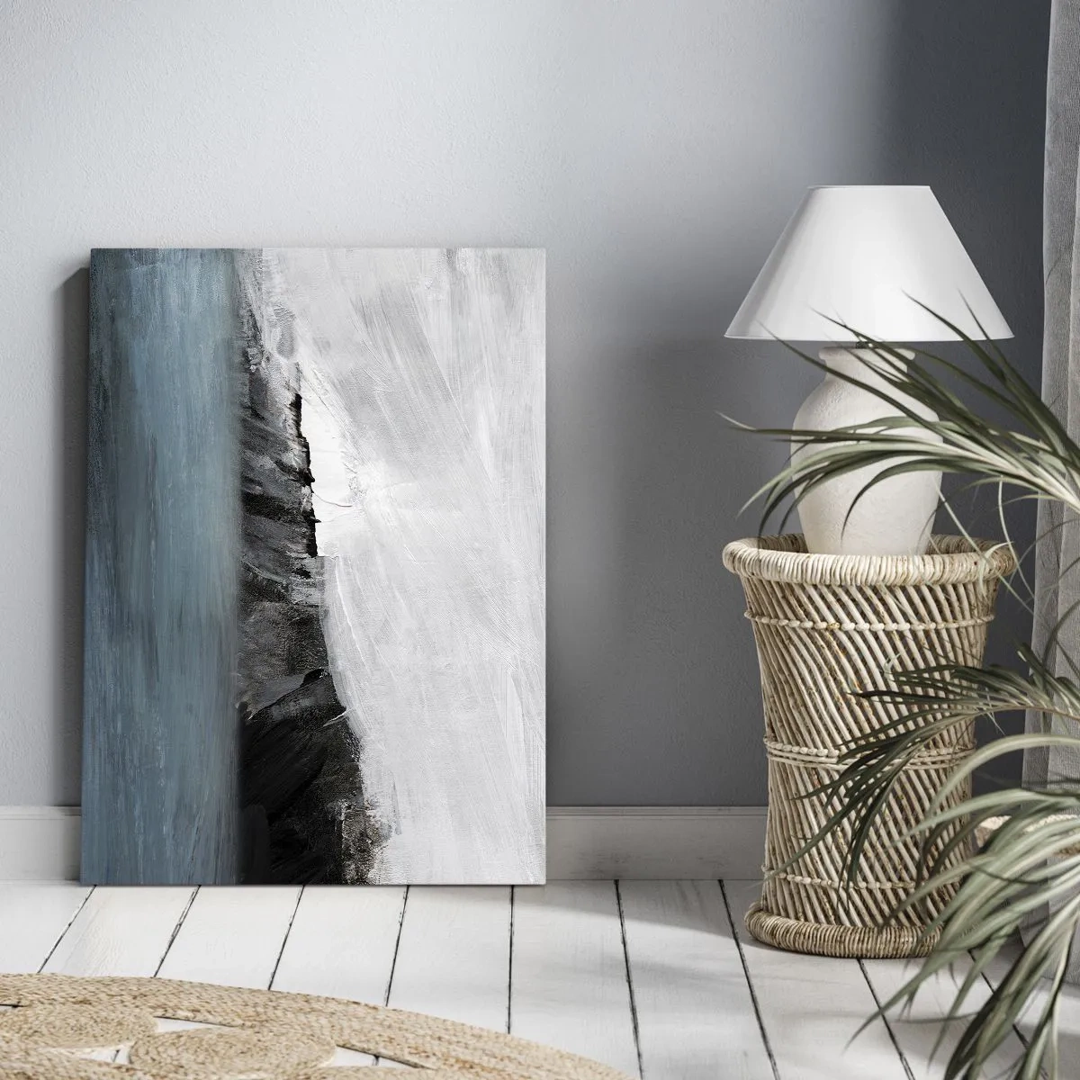 Bild auf Leinwand - Leinwandbild - Abstrakte Landschaft mit Wasser und felsigem Ufer - 70x100cm - Wasser – Erde: Kampf der Naturelemente - Moderne Wanddekoration für Wohnzimmer und Schlafzimmer ARTTOR