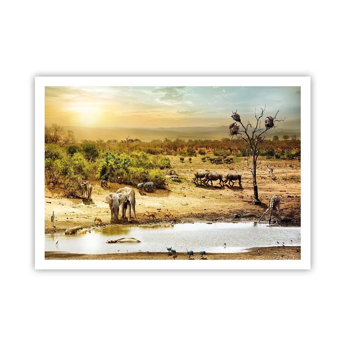 Poster - Elefanten und Wildtiere an einer Wasserstelle bei Sonnenuntergang - 100x70cm - Ein Fluss floss aus Eden ... - Moderne Wanddekoration für Wohnzimmer und Schlafzimmer ARTTOR