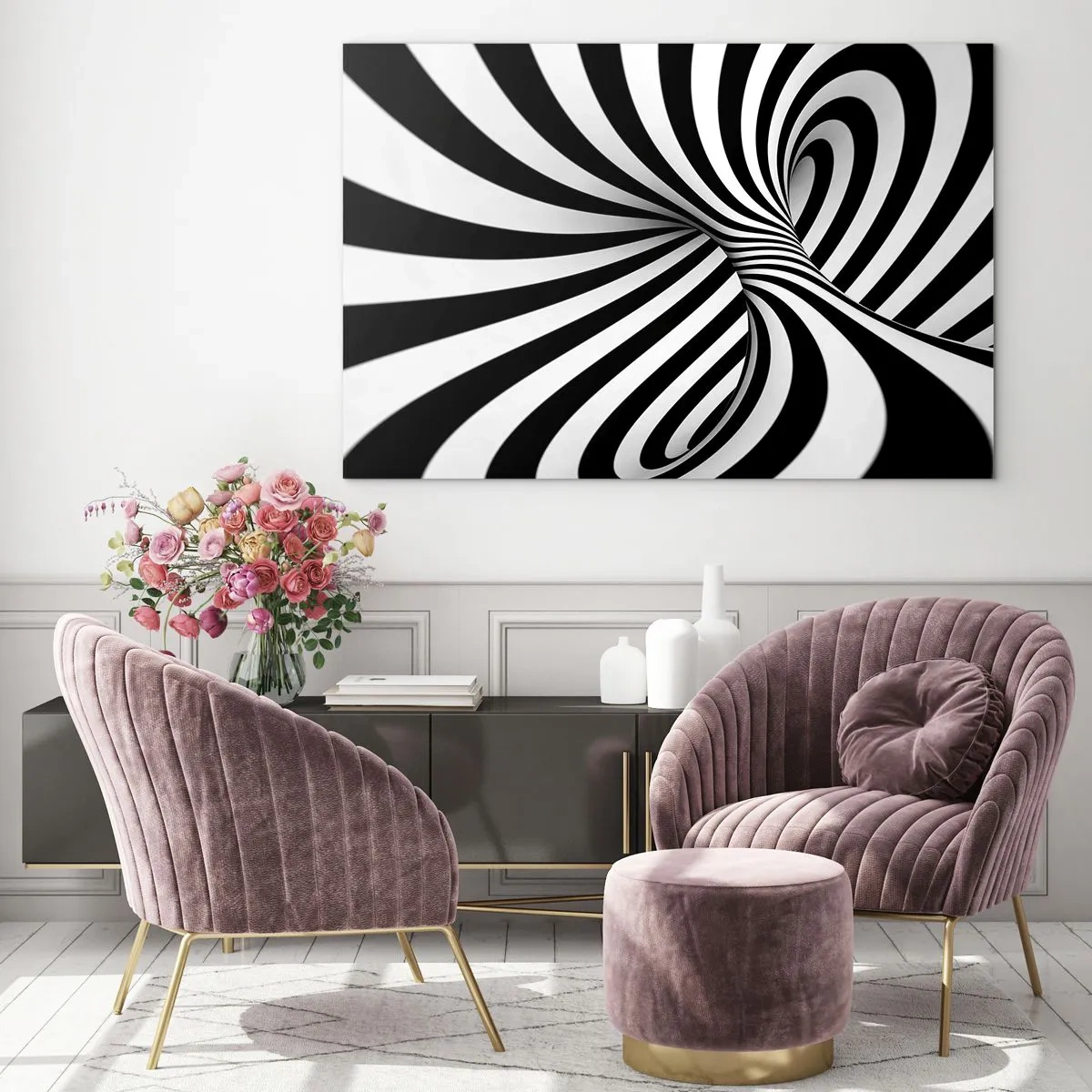 Glasbild - Bild auf glas - Eine schwarz-weiße Spirale, die einen dynamischen Raumeffekt erzeugt. - 100x70cm - Komposition: Tanzraum - Moderne Wanddekoration für Wohnzimmer und Schlafzimmer ARTTOR