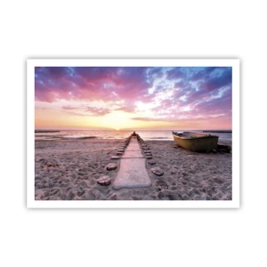 Poster - Sunrise Beach mit Boot und Pier - 100x70cm - Ein Moment tiefer Erfahrung - Moderne Wanddekoration für Wohnzimmer und Schlafzimmer ARTTOR